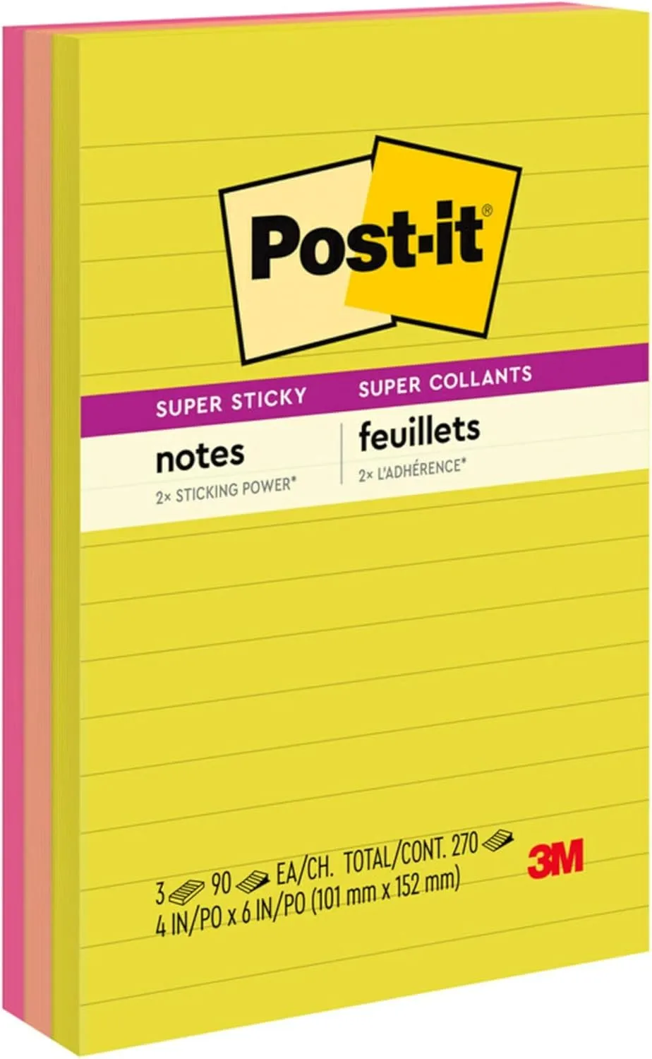 Post-it Super Sticky Lined Notes, 3-Pack, 4 x 6 in, Summer Joy Collection