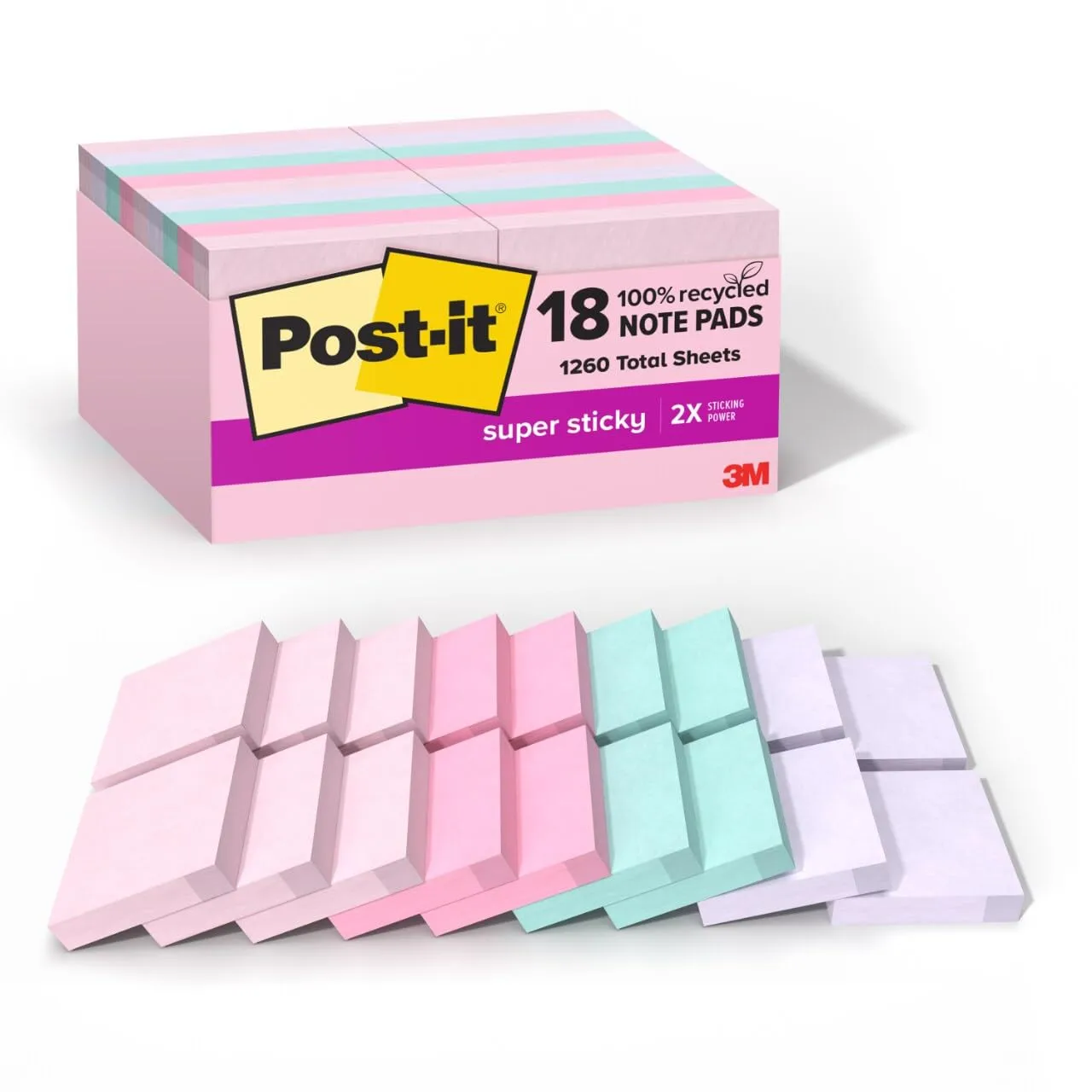 Post-it 100% Recycled Super Sticky Notes, 18 Pads, 1 7/8 in x 1 7/8 in, Wanderlust Pastels