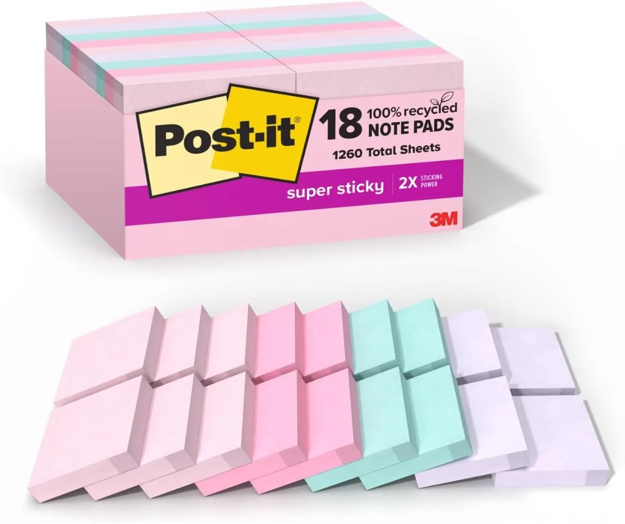 Post-it 100% Recycled Super Sticky Notes, 18 Pads, 1 7/8 in x 1 7/8 in, Wanderlust Pastels