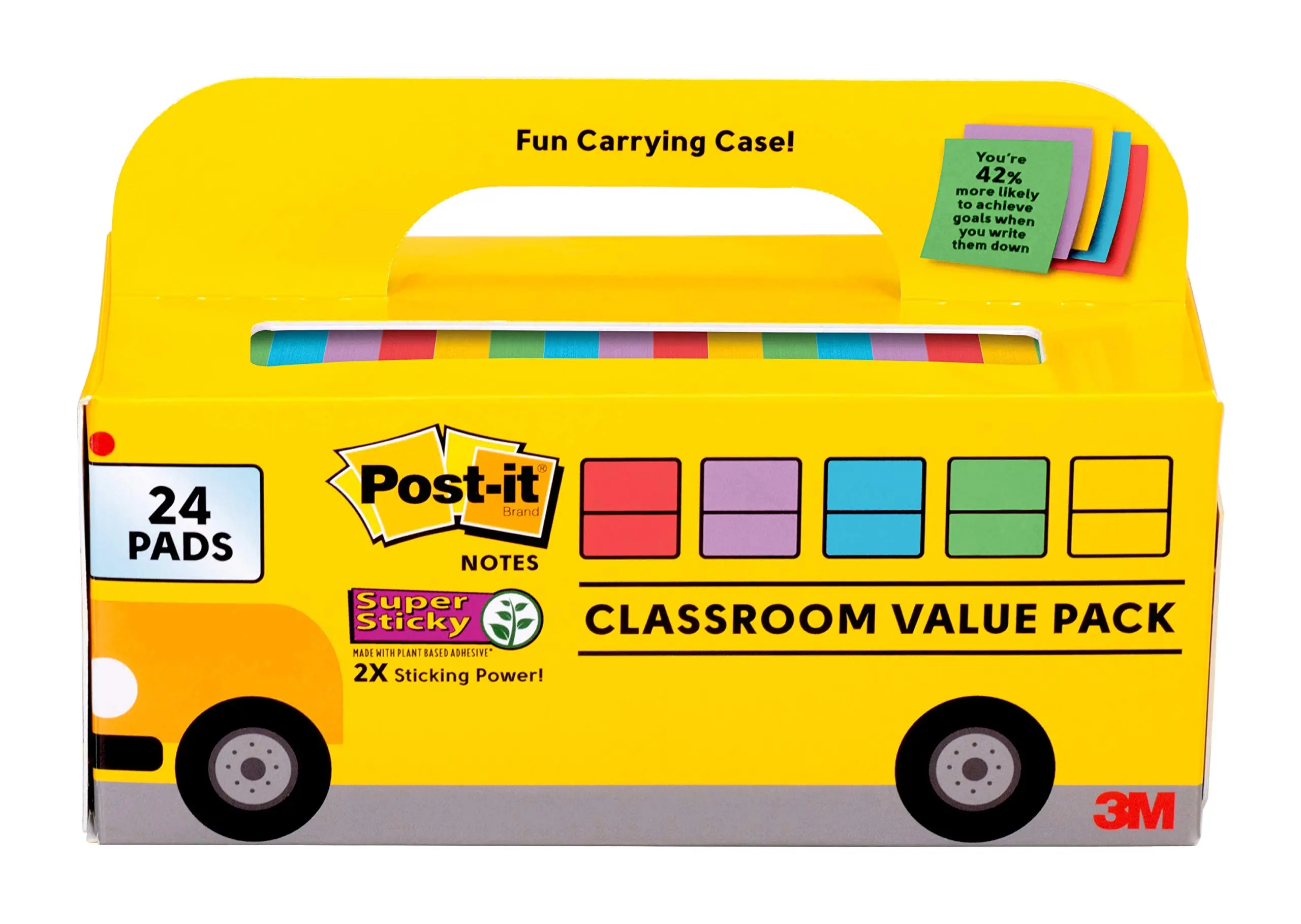 Post-it Super Sticky Notes, Classroom Value Pack, 24 Pads/Pack, 2X The Sticking Power, 3 in. X 3 in, Bright Colors (654-24SSAN-BUS)