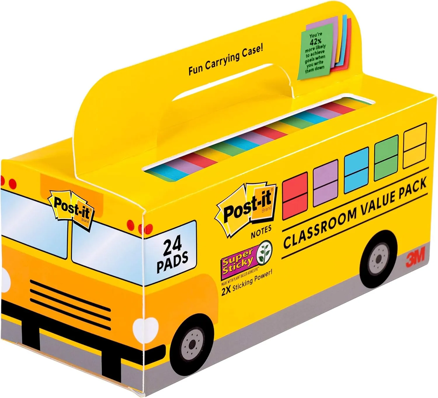 Post-it Super Sticky Notes, Classroom Value Pack, 24 Pads/Pack, 2X The Sticking Power, 3 in. X 3 in, Bright Colors (654-24SSAN-BUS)