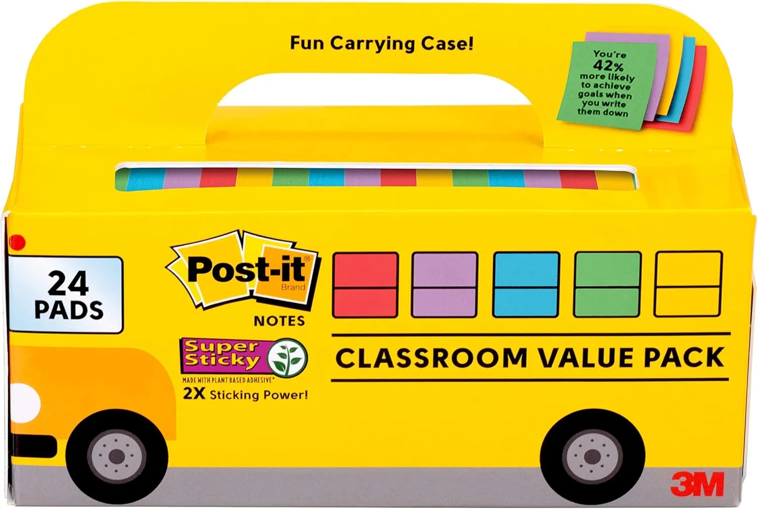 Post-it Super Sticky Notes, Classroom Value Pack, 24 Pads/Pack, 2X The Sticking Power, 3 in. X 3 in, Bright Colors (654-24SSAN-BUS)