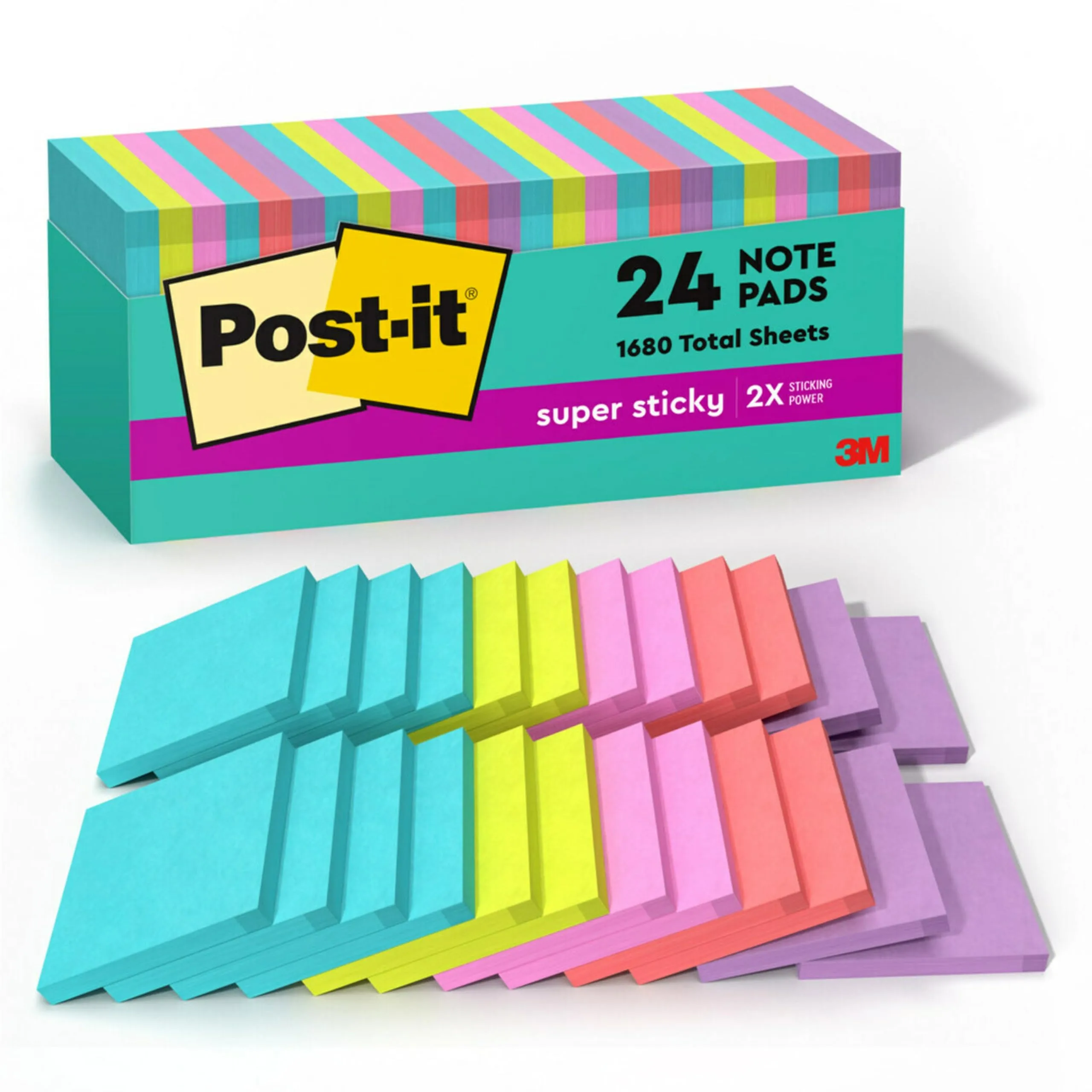 Post-it Super Sticky Notes, 24 Sticky Note Pads, 3 x 3 in., School Supplies, Office Products