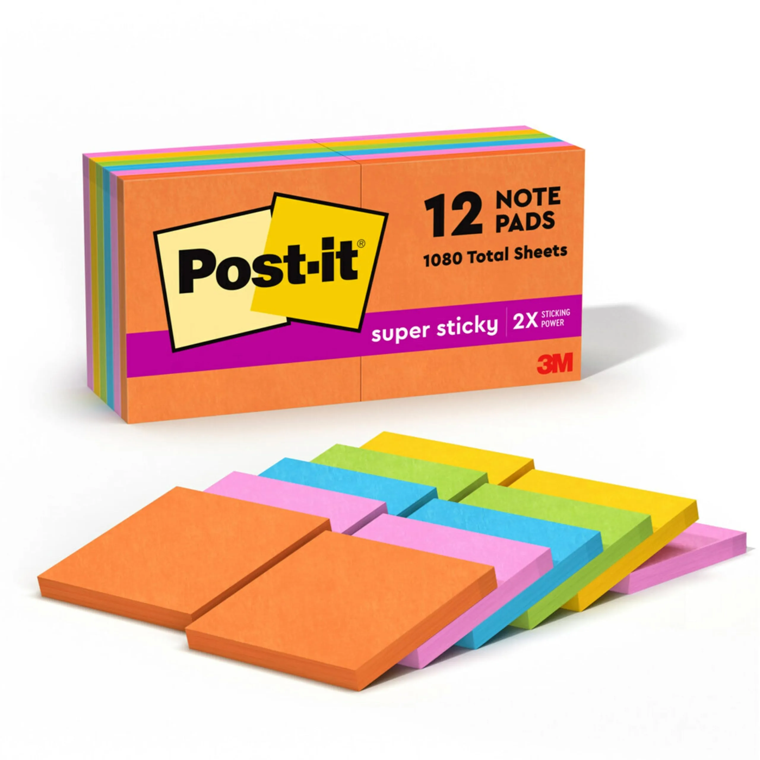 Post-it Super Sticky Notes, 3x3 in, 12 Pads, 2X The Sticking Power, Energy Boost Collection, Bright Colors (Orange, Pink