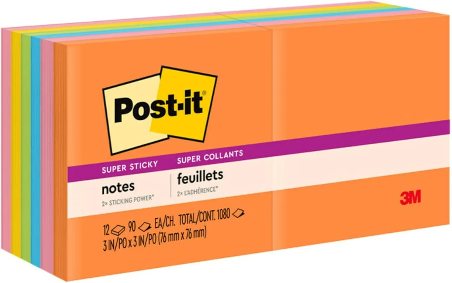 Post-it Super Sticky Notes, 3x3 in, 12 Pads, 2X The Sticking Power, Energy Boost Collection, Bright Colors (Orange, Pink