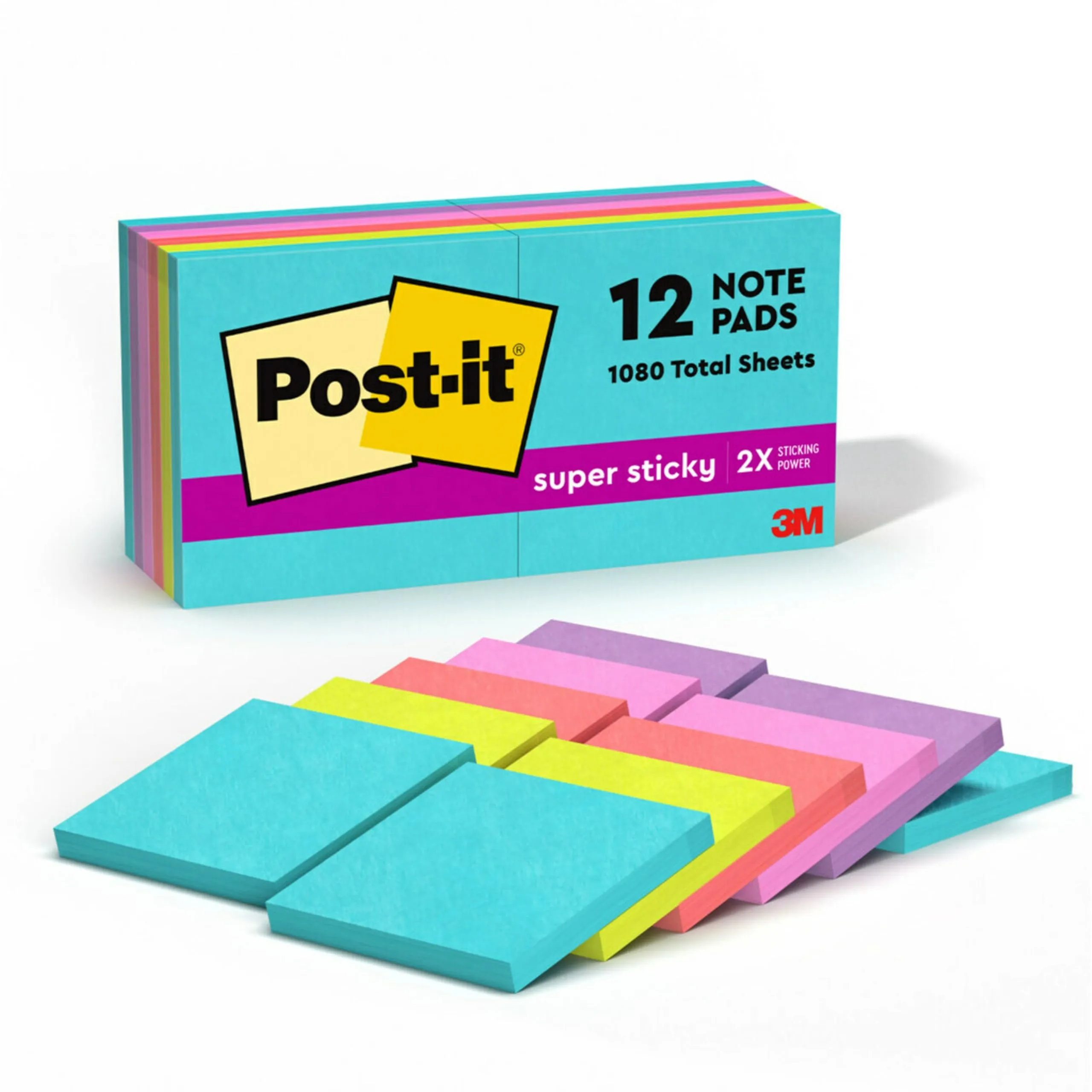 Post-it Super Sticky Notes, 3x3 in, 12 Pads, 2X The Sticking Power, Supernova Neons, Bright Colors, Recyclable (654-12SSMIA)