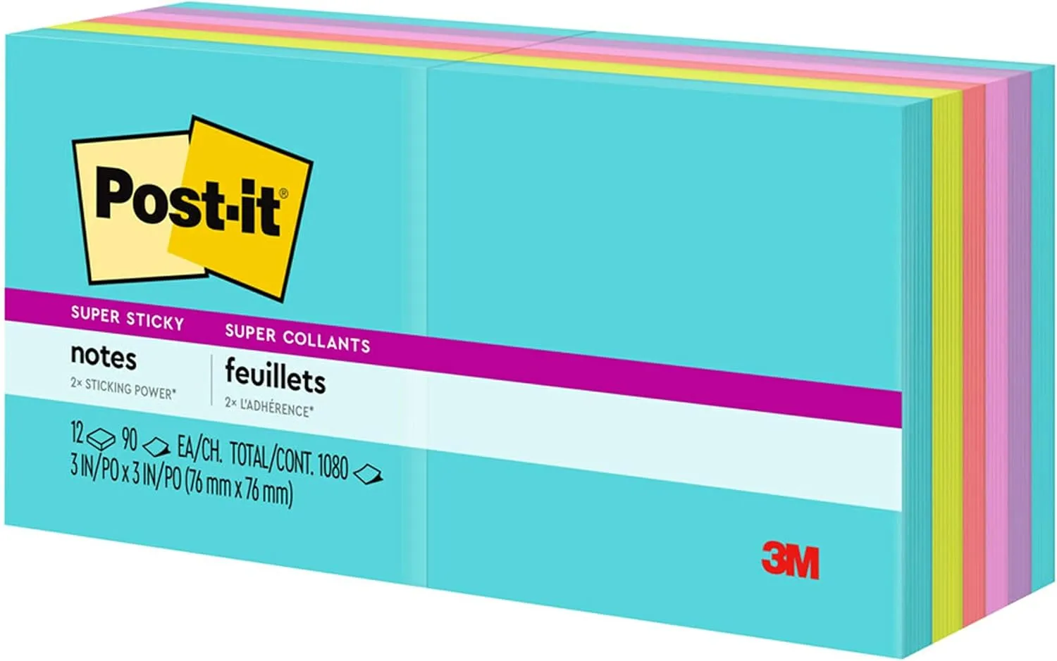 Post-it Super Sticky Notes, 3x3 in, 12 Pads, 2X The Sticking Power, Supernova Neons, Bright Colors, Recyclable (654-12SSMIA)