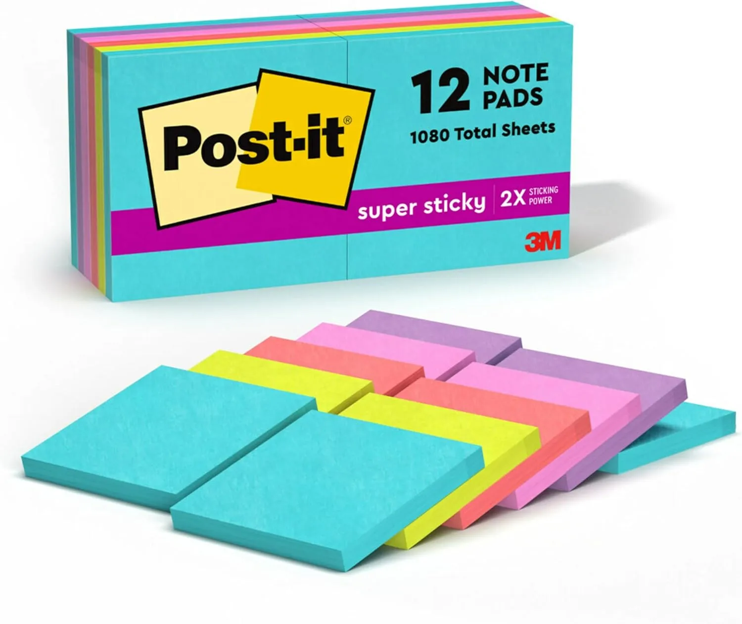Post-it Super Sticky Notes, 3x3 in, 12 Pads, 2X The Sticking Power, Supernova Neons, Bright Colors, Recyclable (654-12SSMIA)