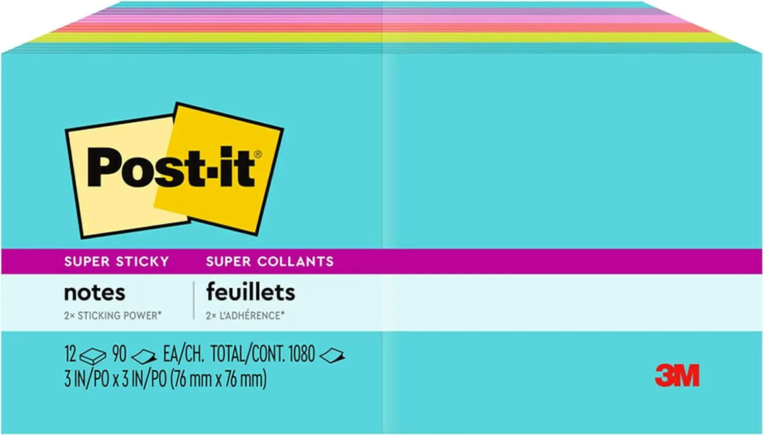 Post-it Super Sticky Notes, 3x3 in, 12 Pads, 2X The Sticking Power, Supernova Neons, Bright Colors, Recyclable (654-12SSMIA)