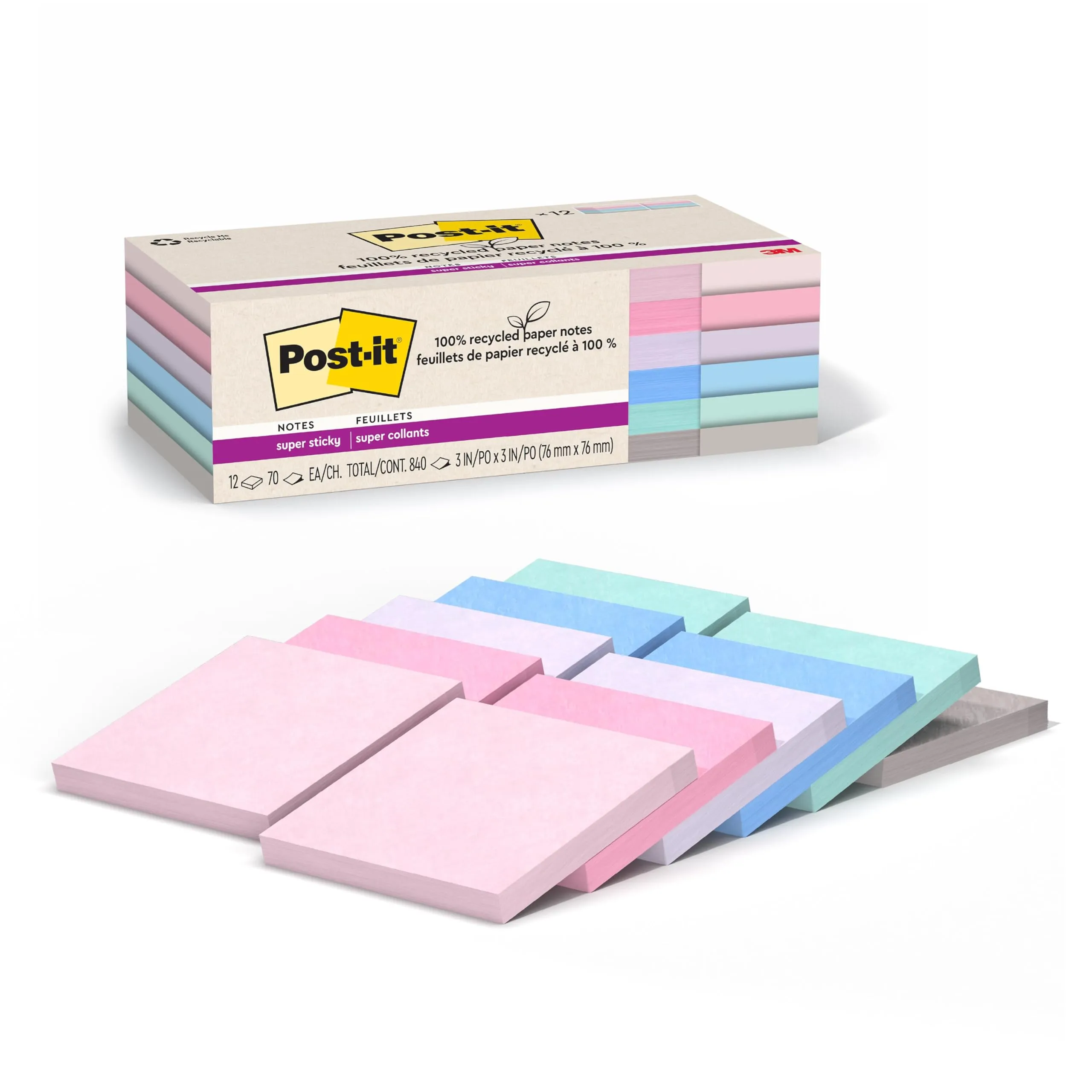 Post-it 100% Recycled Paper Super Sticky Notes, 3 in. x 3 in.