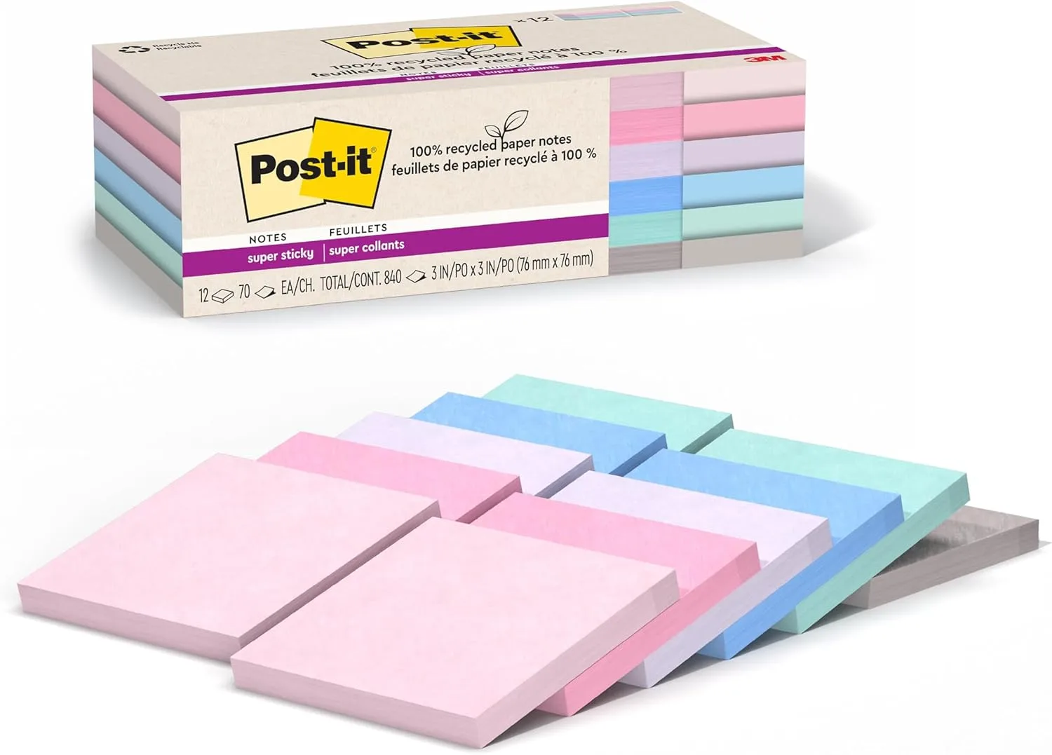 Post-it 100% Recycled Paper Super Sticky Notes, 3 in. x 3 in.