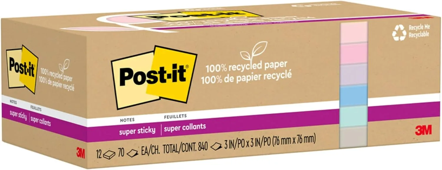 Post-it 100% Recycled Paper Super Sticky Notes, 3 in. x 3 in.