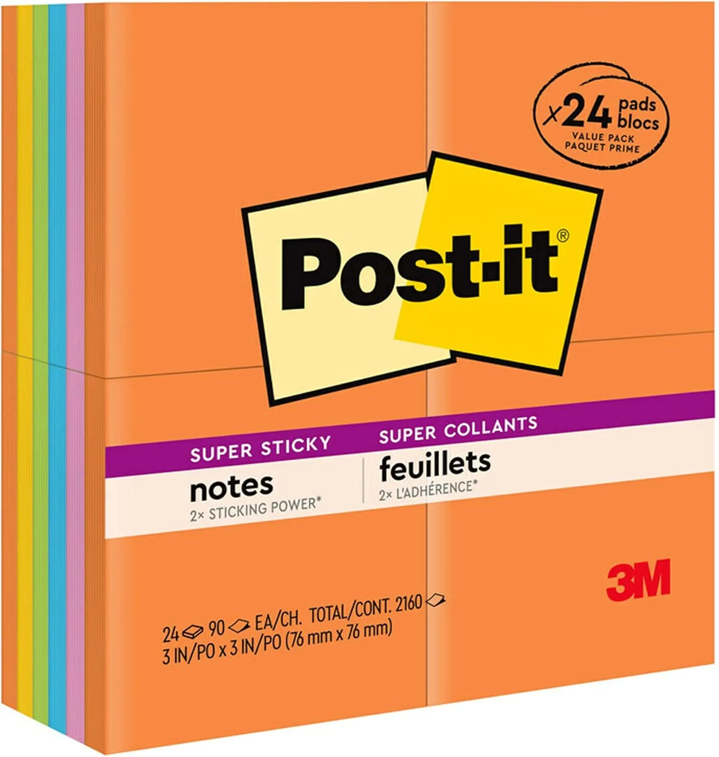 Post-it Super Sticky Notes, 24 Sticky Note Pads, 3 x 3 in., School Supplies for Students, Ideal for Textbooks, Notebooks