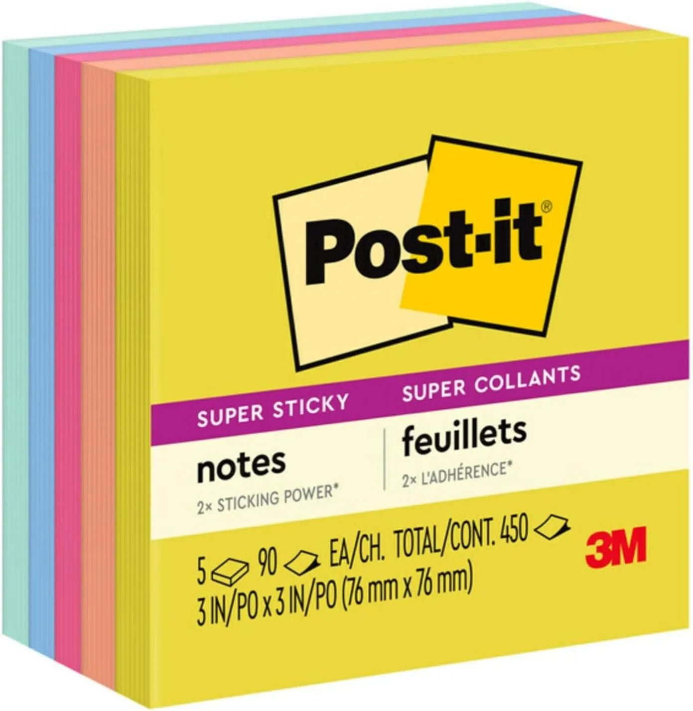 Post-it Super Sticky Notes, 3 x 3 in, 5 Pads - Summer Joy Collection
