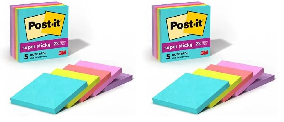 Post-it Super Sticky Notes, 3 x 3 in, Supernova Neons, 5 Pads/Pack