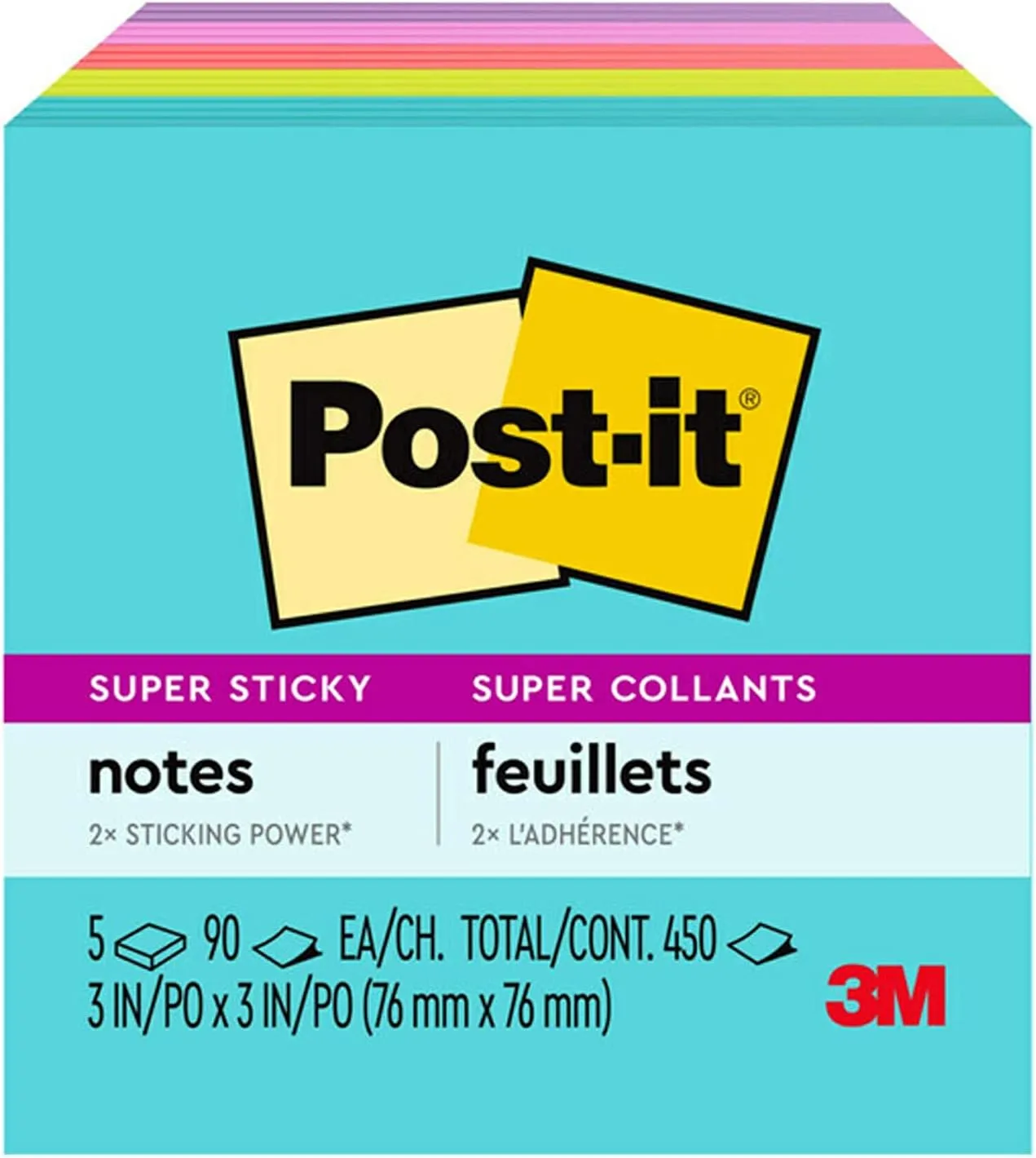 Post-it Super Sticky Notes, 3 x 3 in, Supernova Neons, 5 Pads/Pack