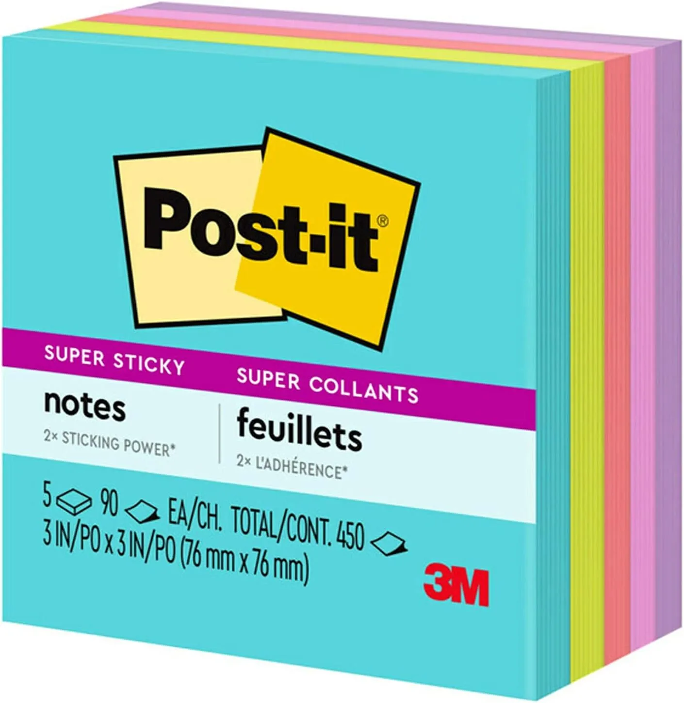 Post-it Super Sticky Notes, 3 x 3 in, Supernova Neons, 5 Pads/Pack