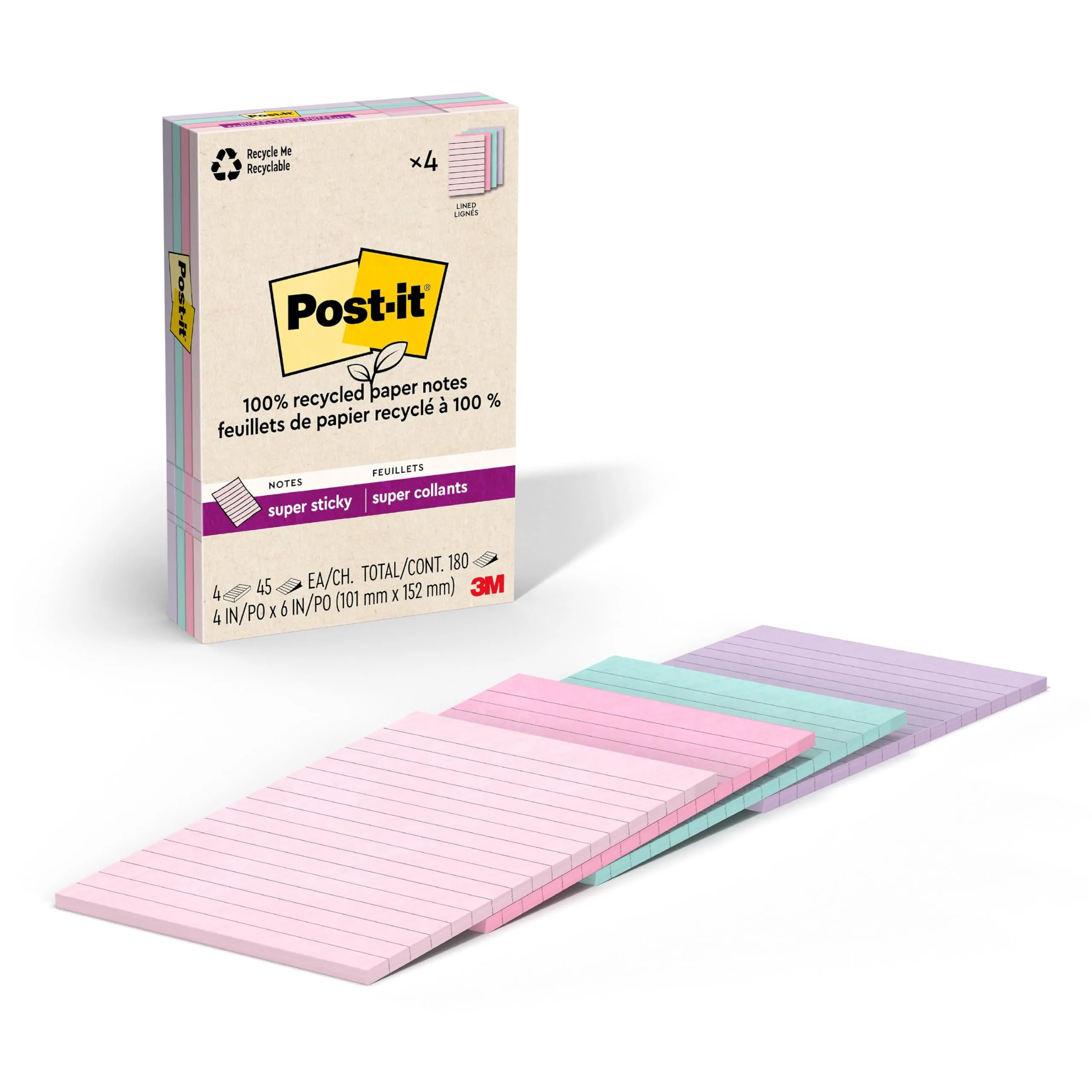 Post-it 100% Recycled Paper Super Sticky Notes, Lined, 4 in. x 6 in., 4 Pads, 45 Sheets per Pad