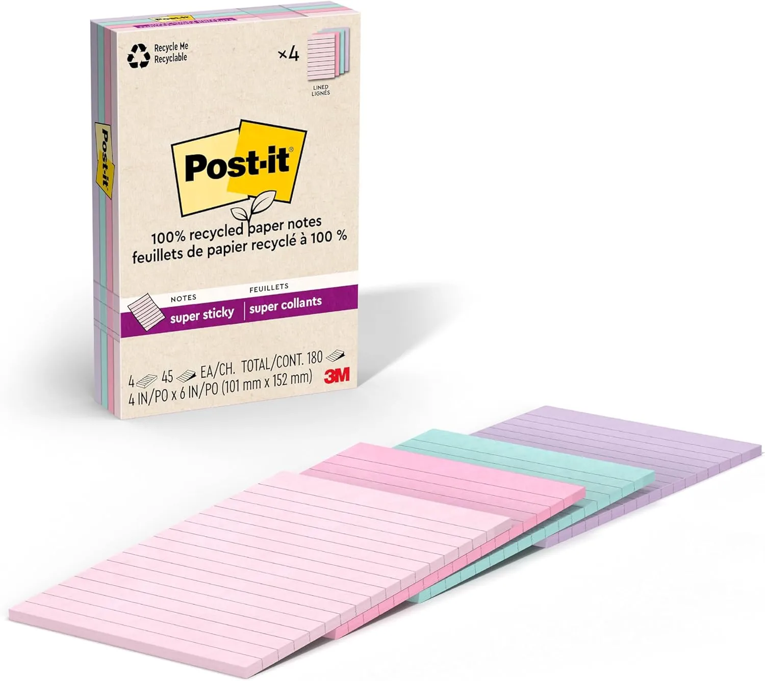Post-it 100% Recycled Paper Super Sticky Notes, Lined, 4 in. x 6 in., 4 Pads, 45 Sheets per Pad