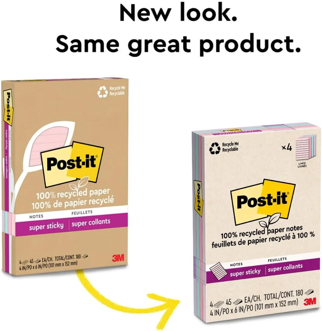 Post-it 100% Recycled Paper Super Sticky Notes, Lined, 4 in. x 6 in., 4 Pads, 45 Sheets per Pad