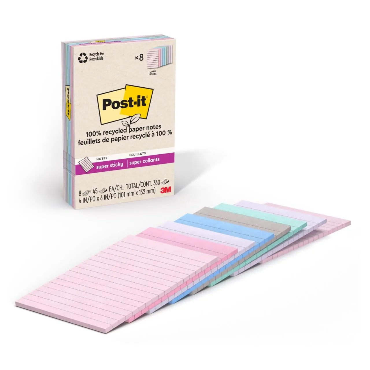 Post-it 100% Recycled Paper Super Sticky Notes, Lined, 4 in. x 6 in.