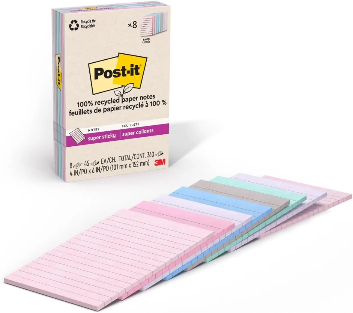 Post-it 100% Recycled Paper Super Sticky Notes, Lined, 4 in. x 6 in.