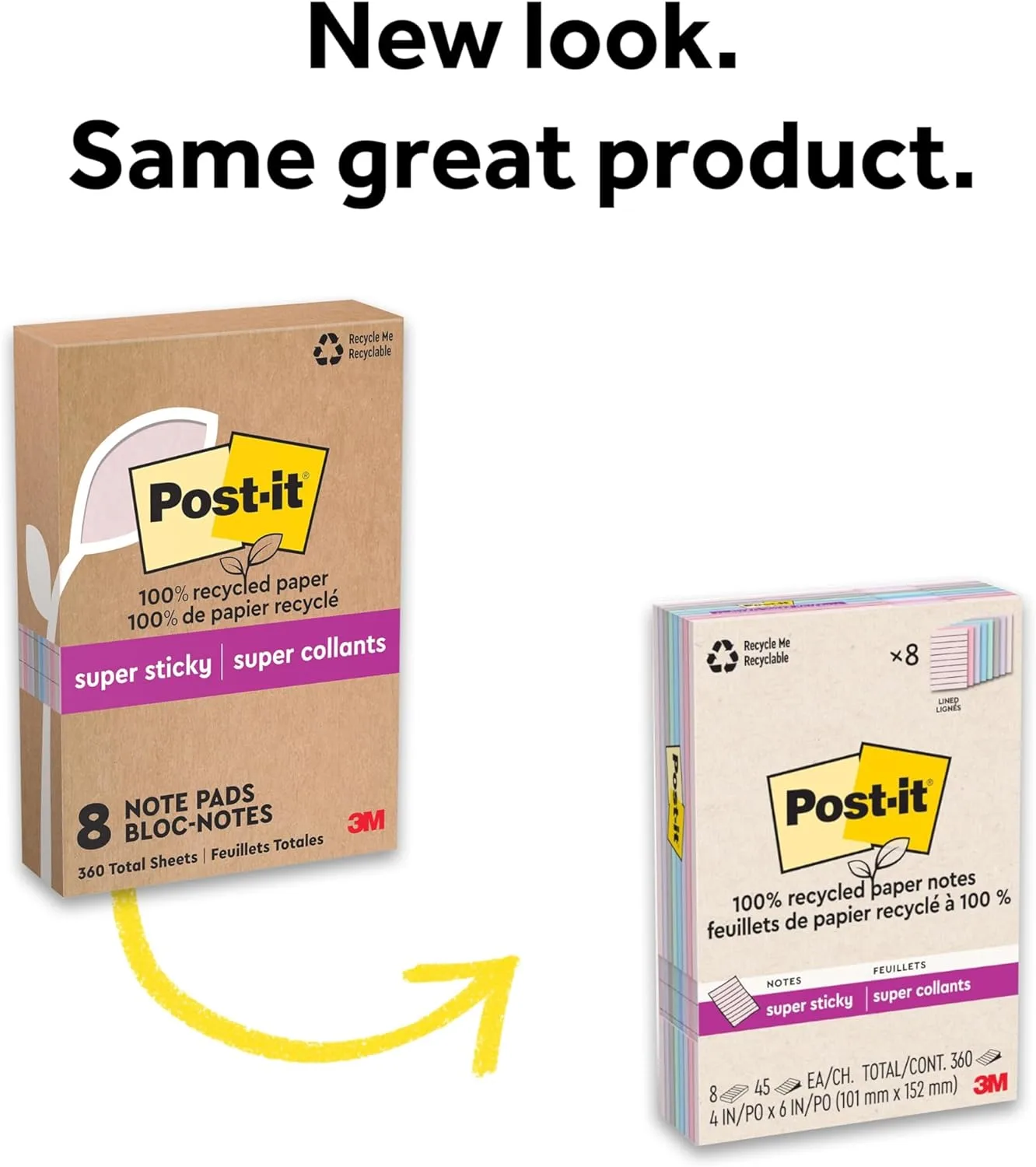 Post-it 100% Recycled Paper Super Sticky Notes, Lined, 4 in. x 6 in.