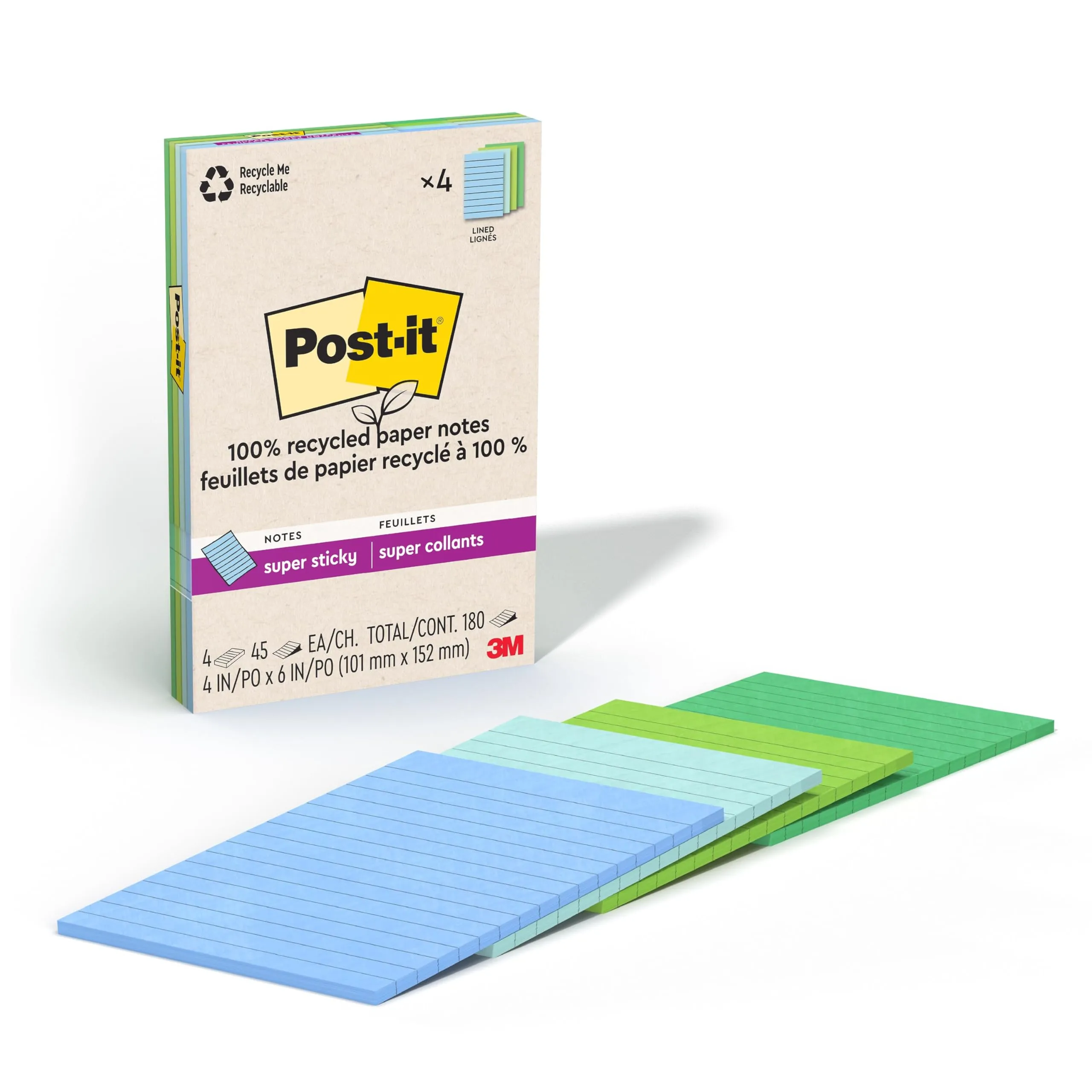 Post-it 100% Recycled Paper Super Sticky Notes, Lined, 4 in. x 6 in., 4 Pads, 45 Sheets per Pad