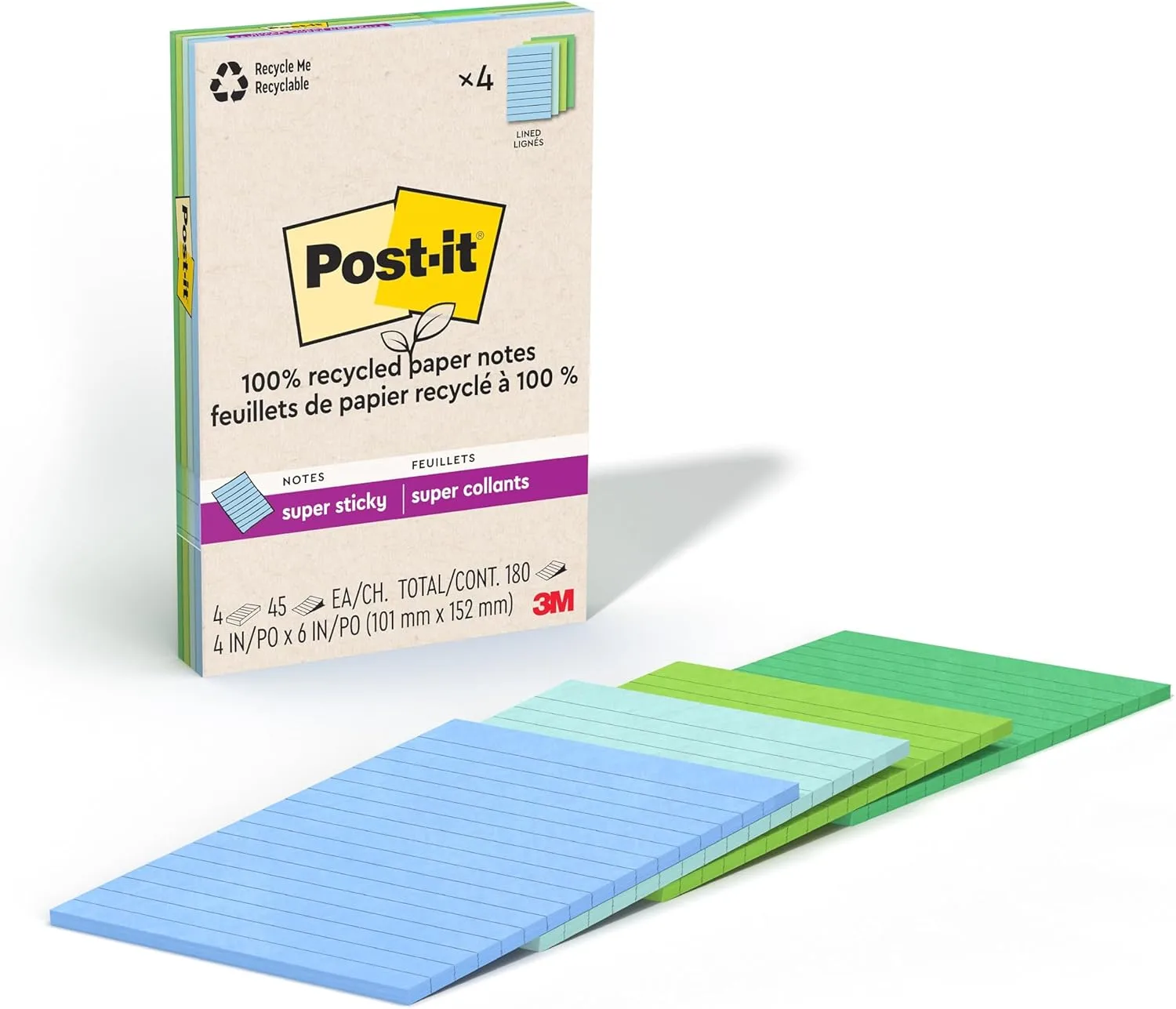 Post-it 100% Recycled Paper Super Sticky Notes, Lined, 4 in. x 6 in., 4 Pads, 45 Sheets per Pad