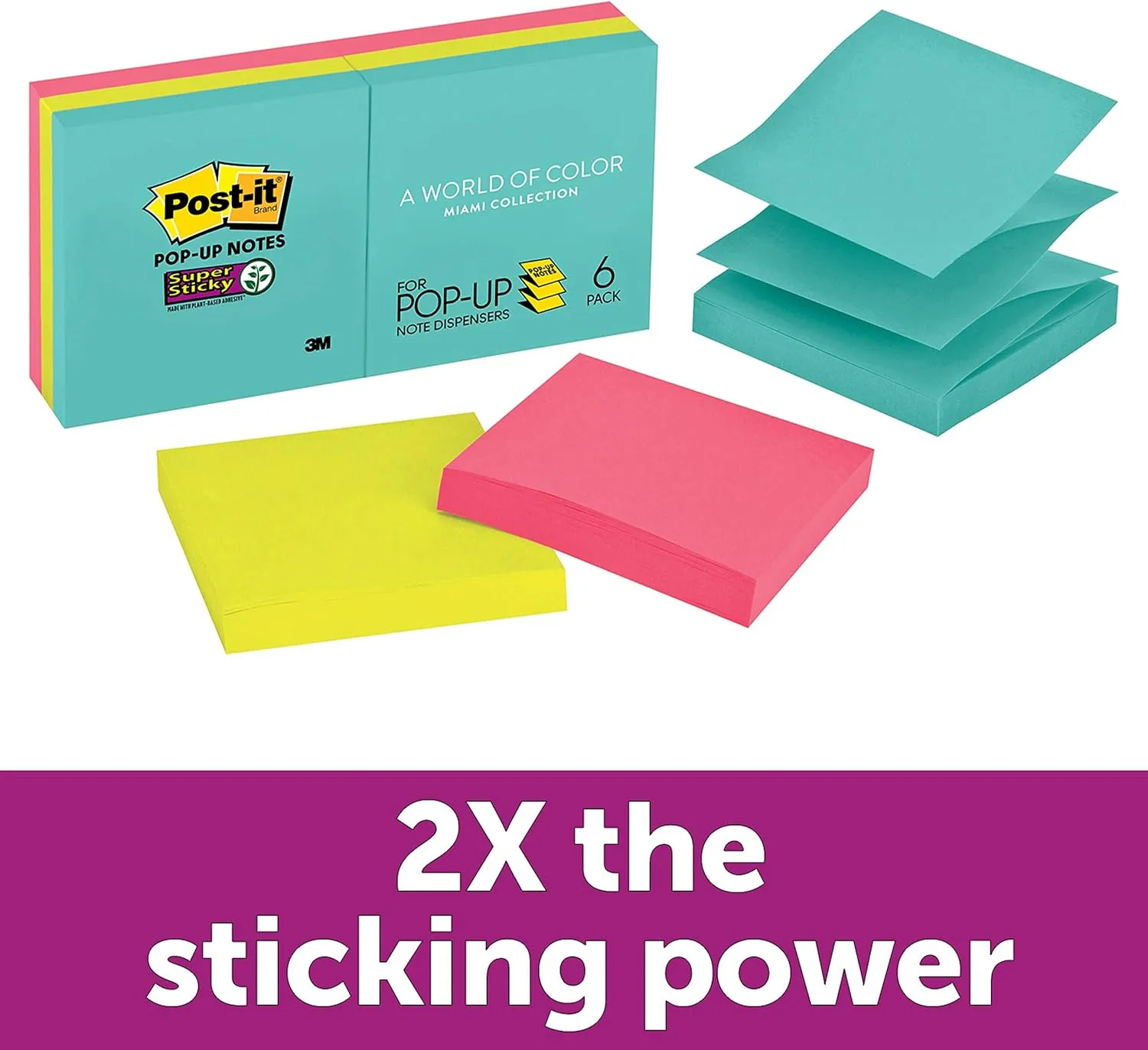Post-it Super Sticky Pop-up Notes, 3 x 3 in, 6 Pads (Supernova Neons)