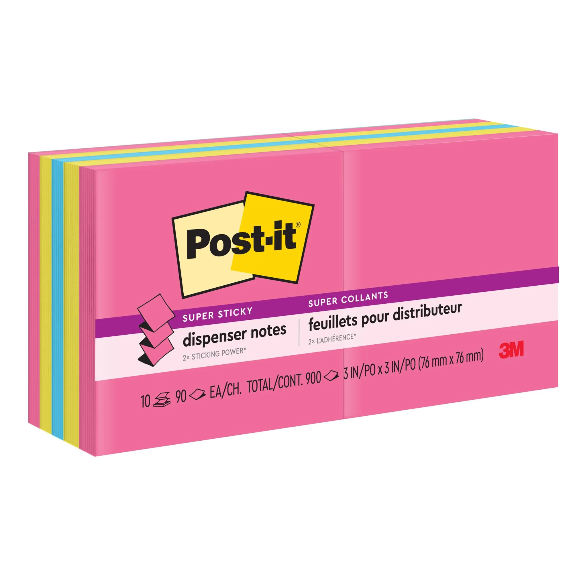 Post-it Super Sticky Pop-up Notes, 3 in x 3 in, Assorted, Pack of 10 Pads