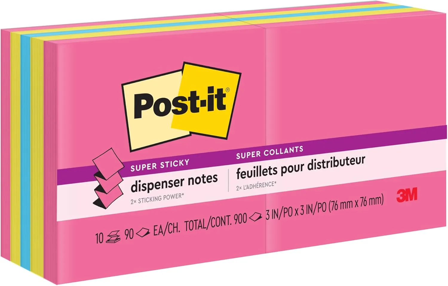 Post-it Super Sticky Pop-up Notes, 3 in x 3 in, Assorted, Pack of 10 Pads