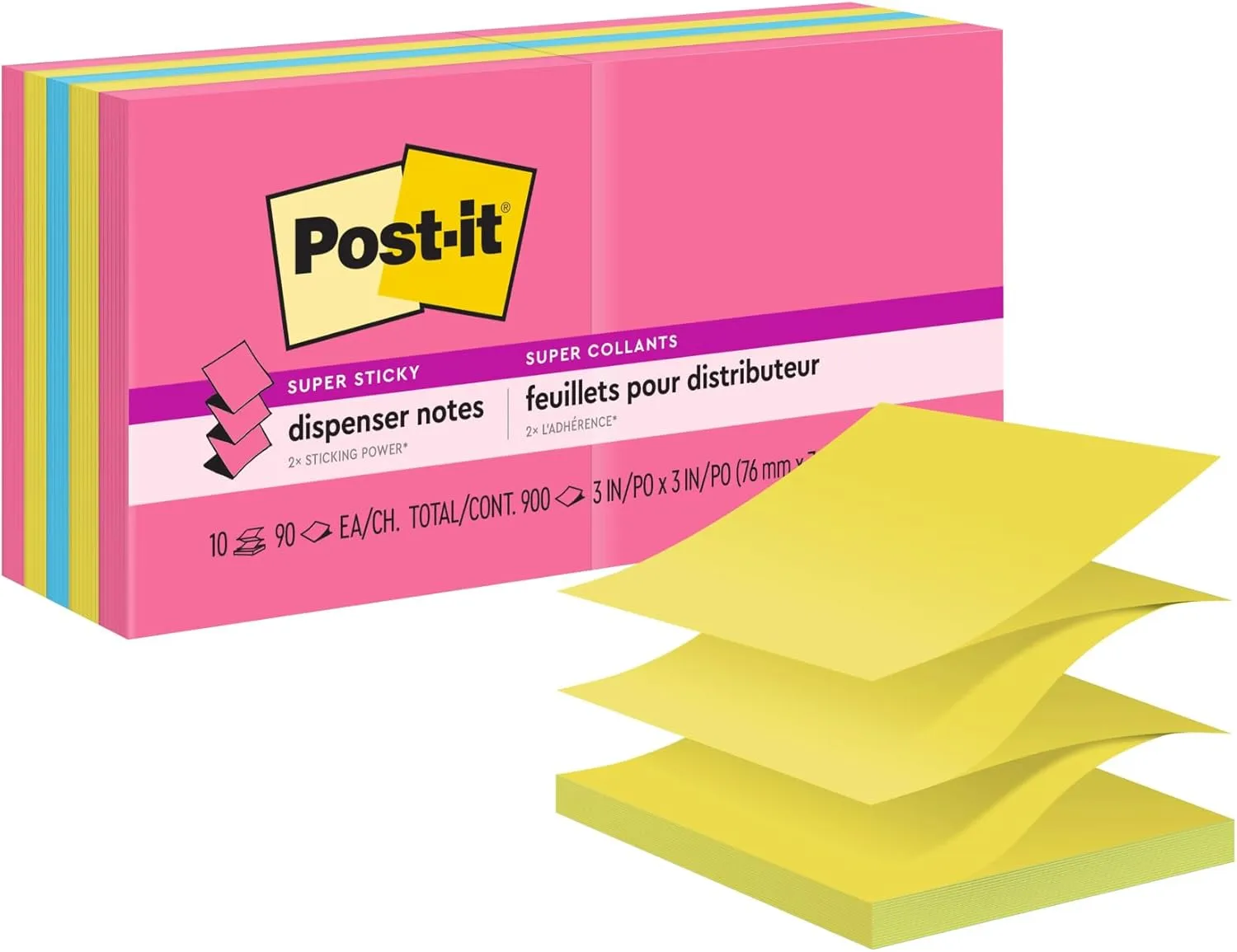 Post-it Super Sticky Pop-up Notes, 3 in x 3 in, Assorted, Pack of 10 Pads