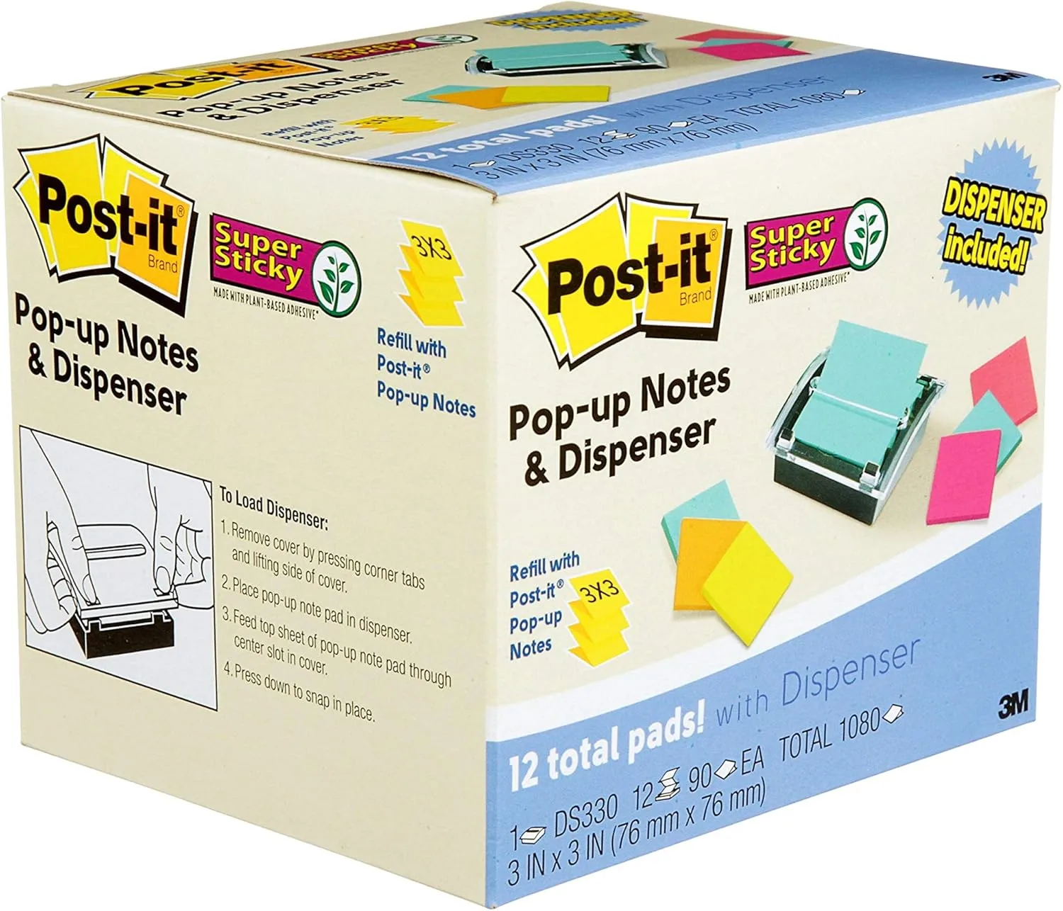 Post-it Sheet Super Sticky Note and Dispenser Value Pack, 3 in x 3 in, 12 Pads, Assorted Colors (DS330-SSVA) 2.3" x 6.3"