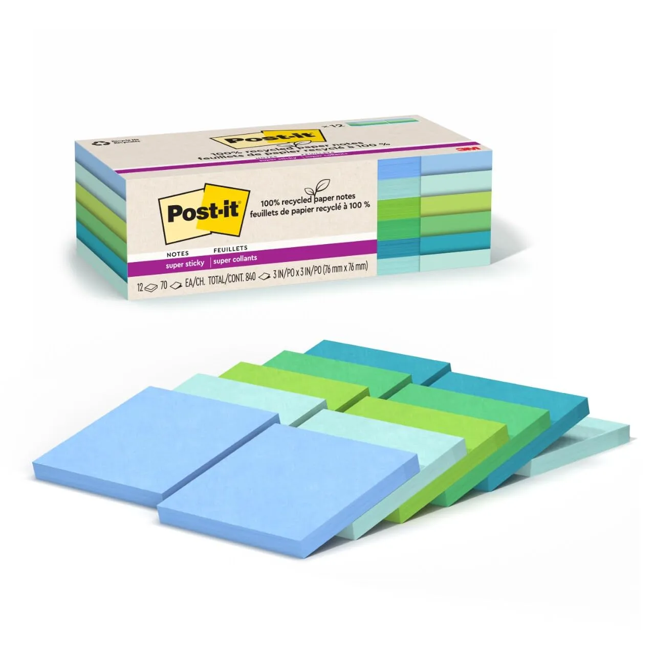 Post-it 100% Recycled Paper Super Sticky Notes, 3 in. x 3 in.