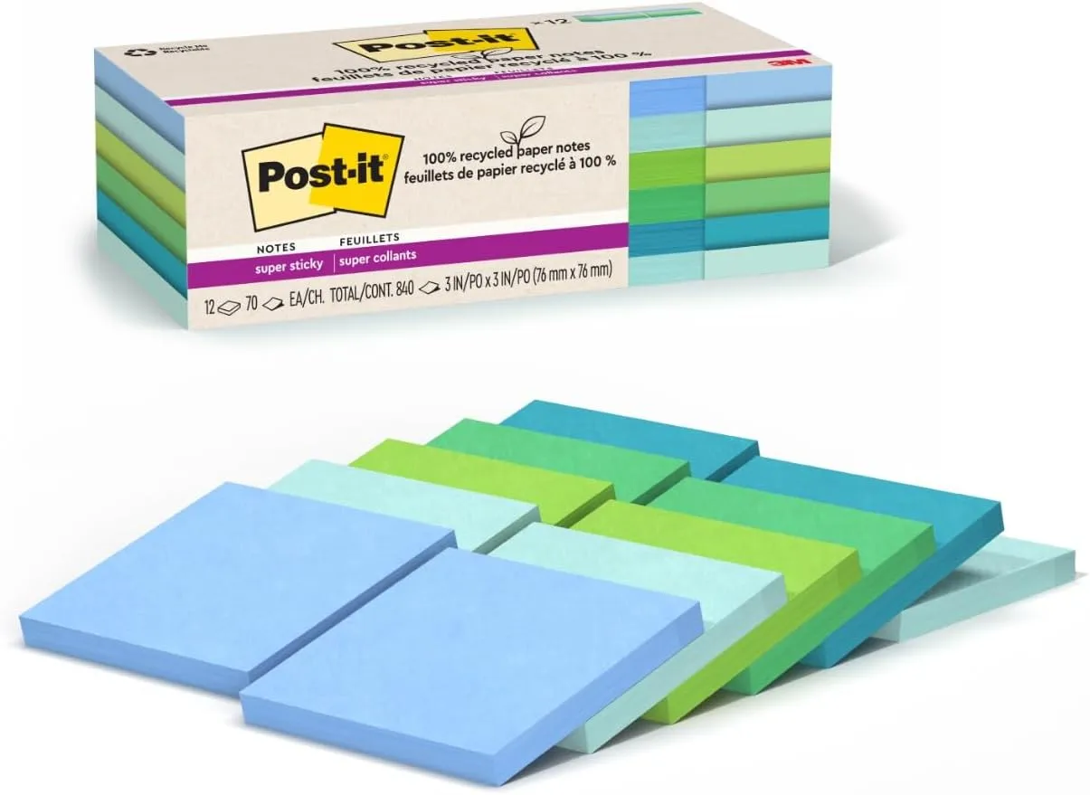 Post-it 100% Recycled Paper Super Sticky Notes, 3 in. x 3 in.