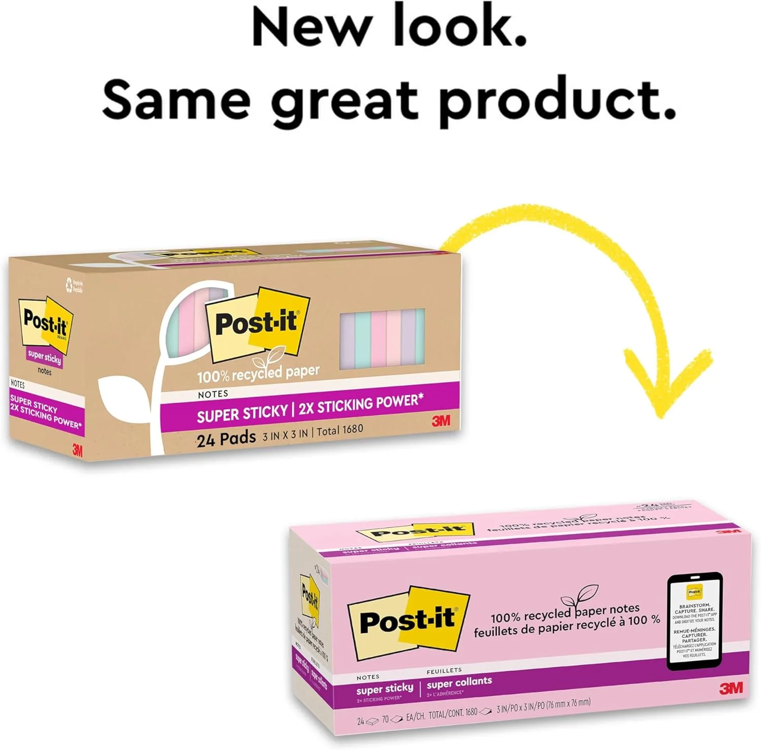 Post-it 100% Recycled Paper Super Sticky Notes, 3 in. x 3 in., 24 Pads/Pack, 70 Sheets/Pad