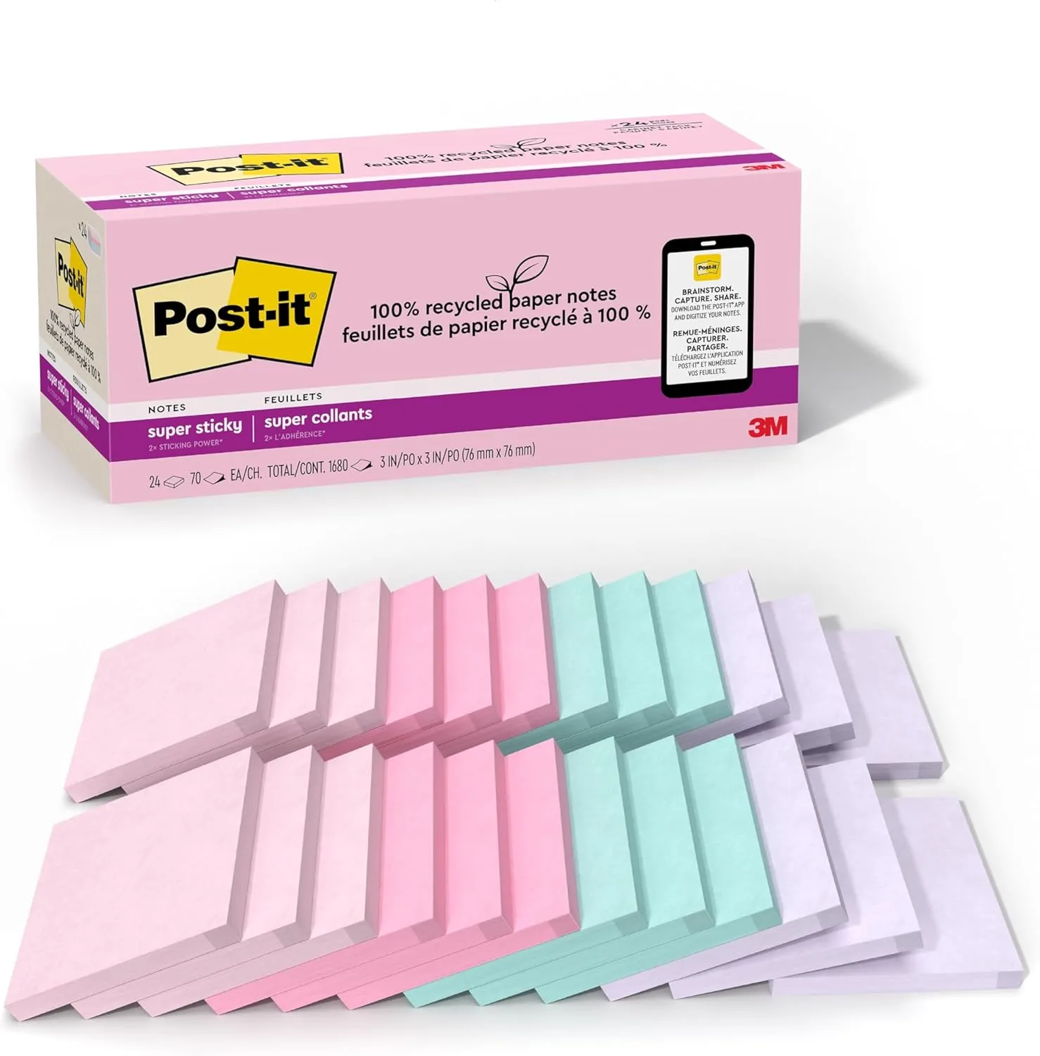 Post-it 100% Recycled Paper Super Sticky Notes, 3 in. x 3 in., 24 Pads/Pack, 70 Sheets/Pad