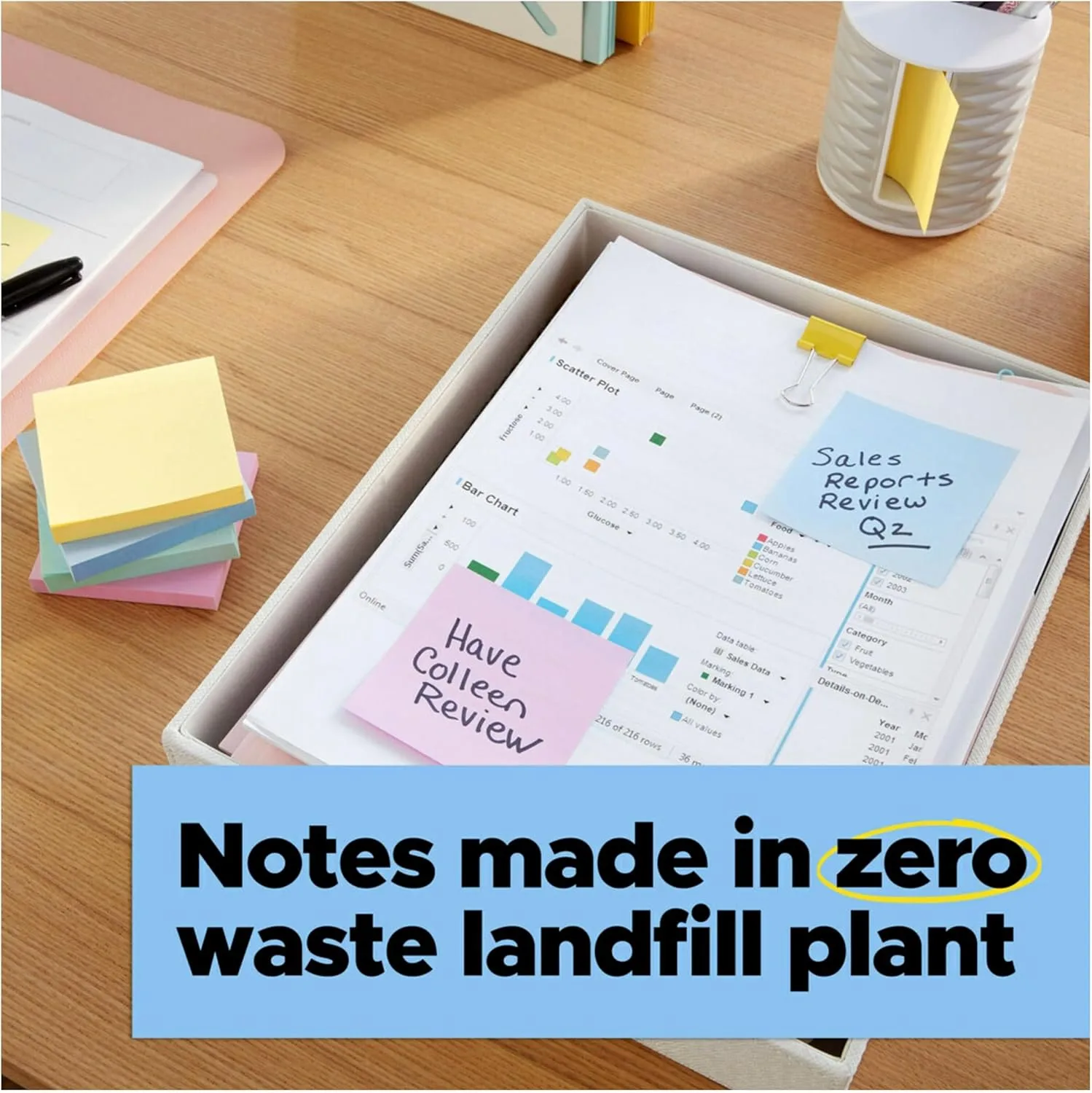 Post-it 100% Recycled Paper Super Sticky Notes, 3 in. x 3 in., 24 Pads/Pack, 70 Sheets/Pad