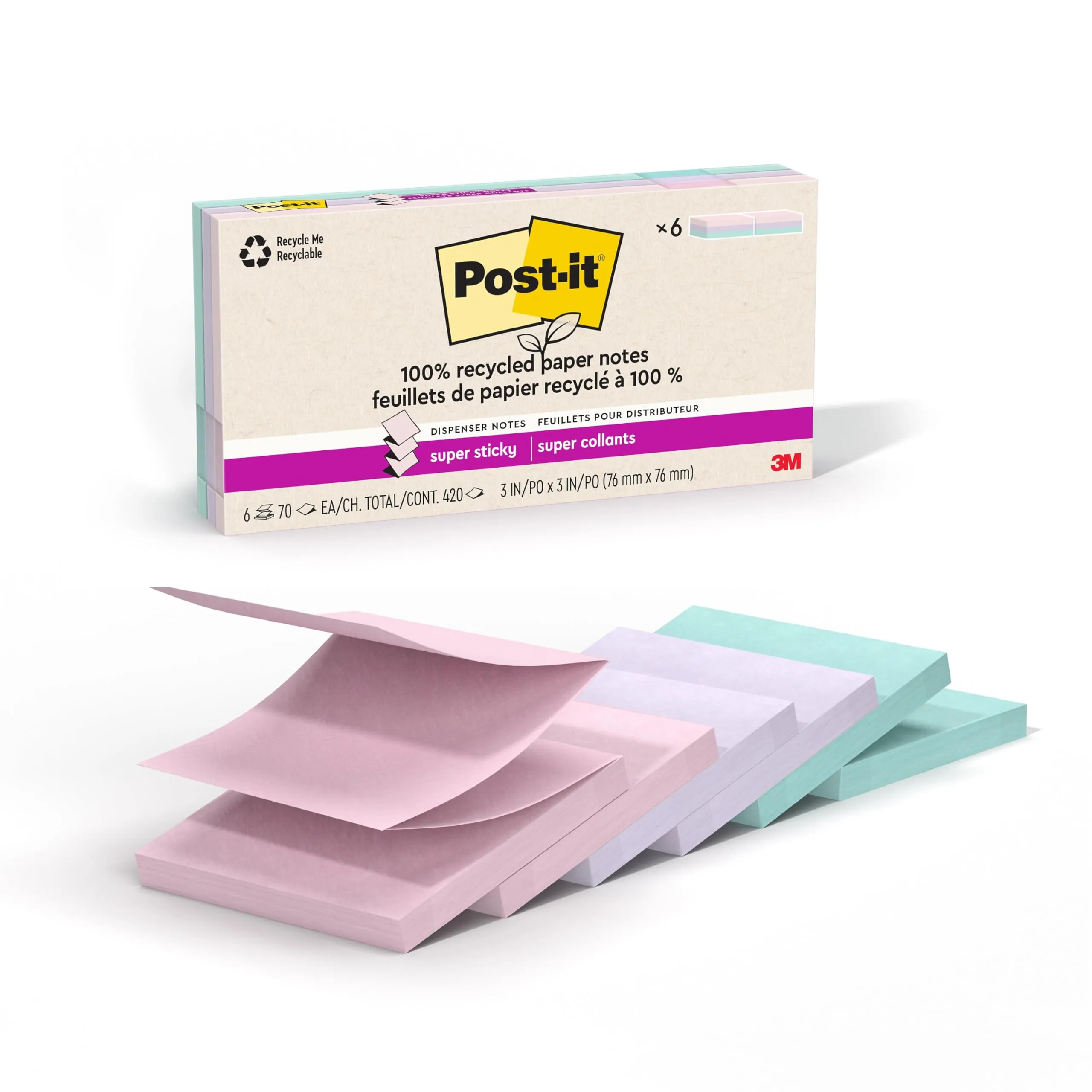 Post-it Super Sticky 100% Recycled Pop-up Notes, 3 in x 3 in, Wanderlust Pastels