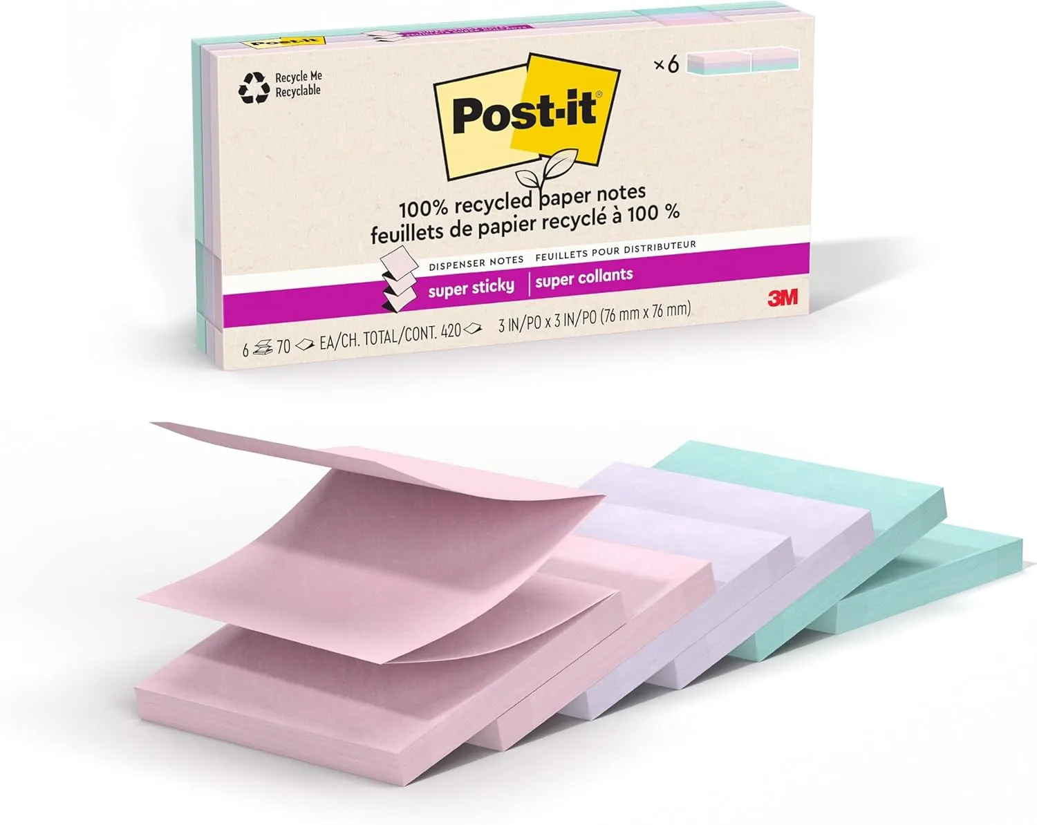 Post-it Super Sticky 100% Recycled Pop-up Notes, 3 in x 3 in, Wanderlust Pastels
