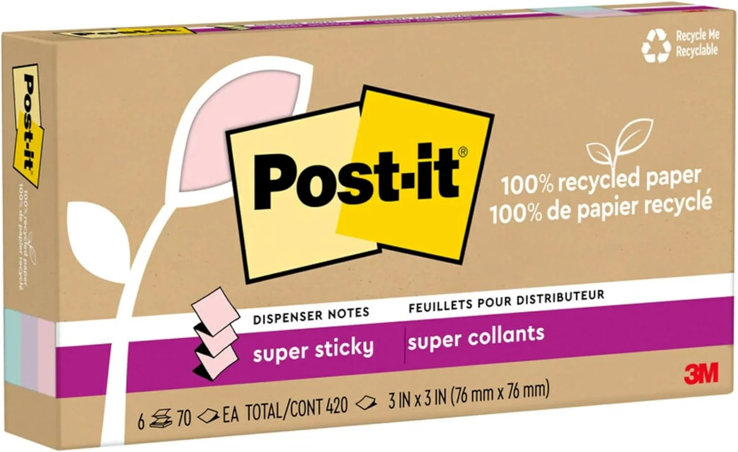 Post-it Super Sticky 100% Recycled Pop-up Notes, 3 in x 3 in, Wanderlust Pastels