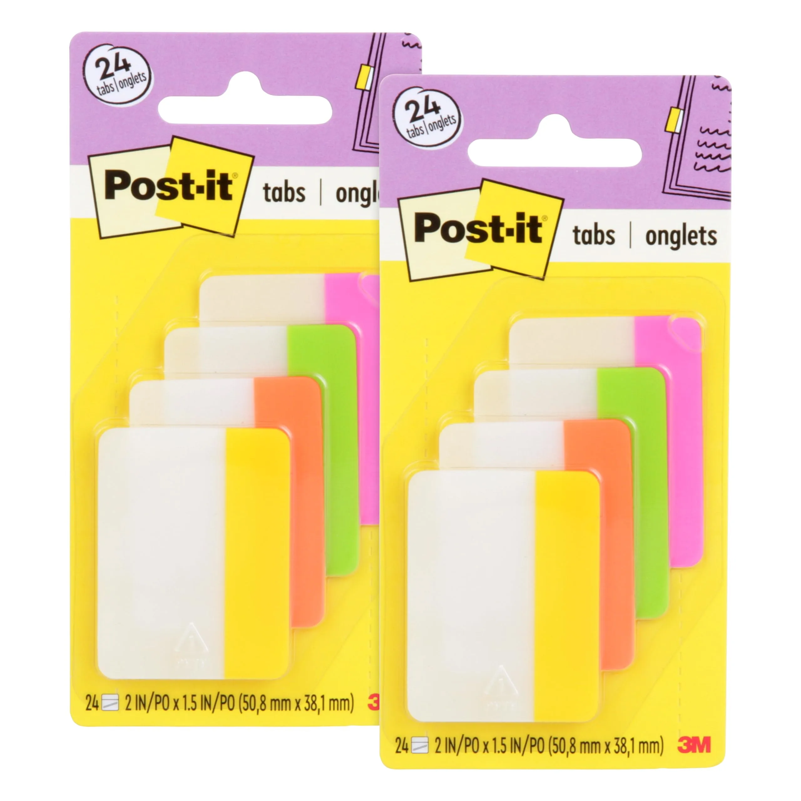 Post-it Tabs, 2 in, Assorted Bright Colors, 6 Tabs/Color, 24 Tabs/Pack