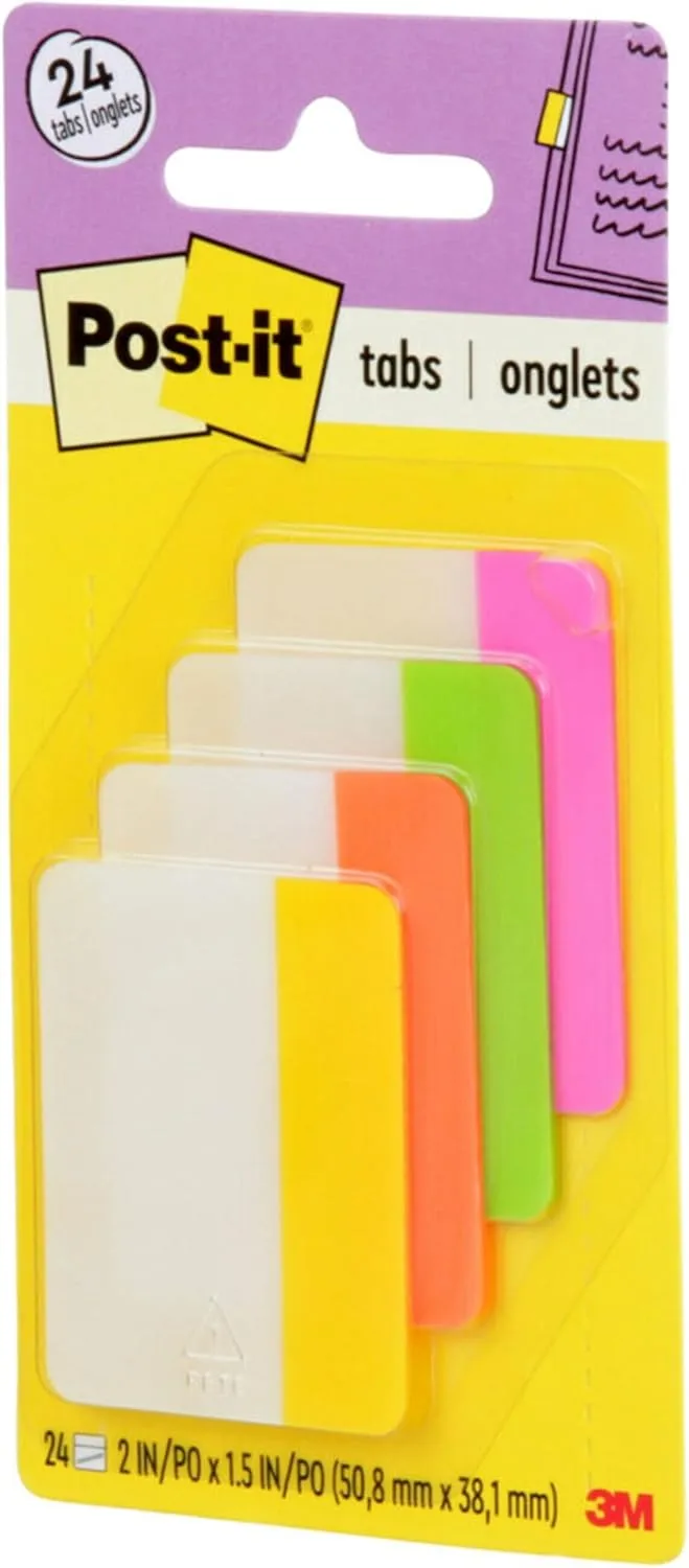 Post-it Tabs, 2 in, Assorted Bright Colors, 6 Tabs/Color, 24 Tabs/Pack