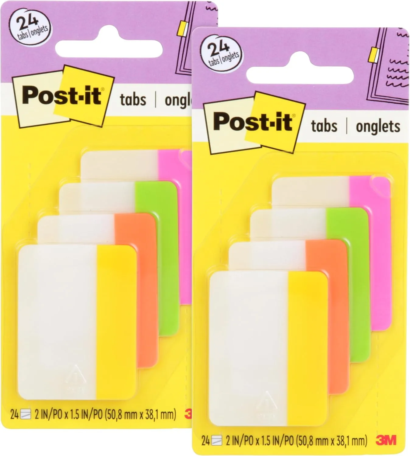Post-it Tabs, 2 in, Assorted Bright Colors, 6 Tabs/Color, 24 Tabs/Pack