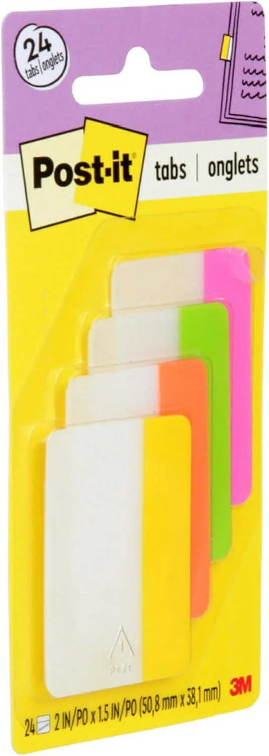Post-it Tabs, 2 in, Assorted Bright Colors, 6 Tabs/Color, 24 Tabs/Pack