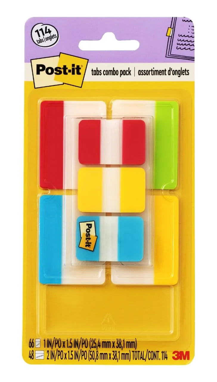 Post-it Tabs Value Pack, Assorted Primary Colors, 1 in and 2 in Sizes, 114 Tabs/Pack (686-VAD2)