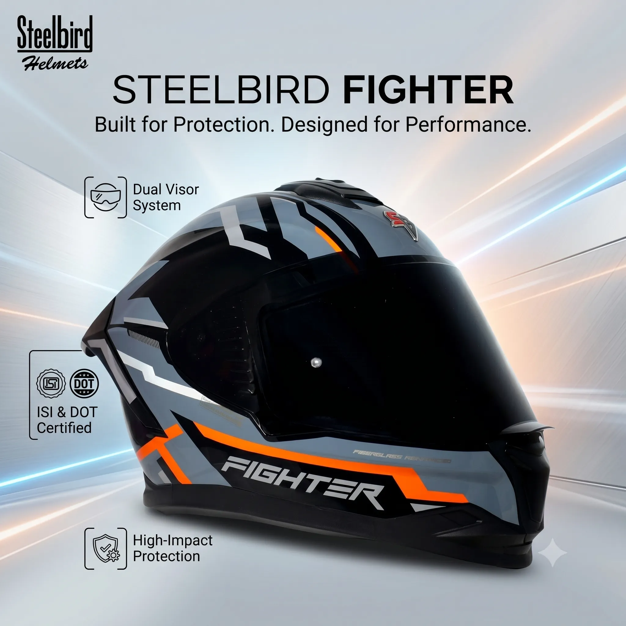 STEELBIRD SBH-57 ISS FIGHTER STEALTH X GLOSSY BLACK/ORANGE C/V 580MM WITH EXTRA SMOKE VISOR STEELBIRD SBH-57 ISS FIGHTER STEALTH X GLOSSY BLACK/ORANGE C/V 580MM WITH EXTRA SMOKE VISOR