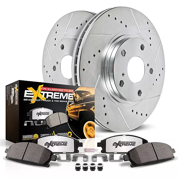 PowerStop Front Brake Kit For Dodge Ram 1500 2006-08 |Ram 2500 2003-08 |Ram 3500 2003-08 - Truck & Tow Carbon Fiber Ceramic Brake Pads + Drilled & Slotted Rotors Upgrade, K2203-36