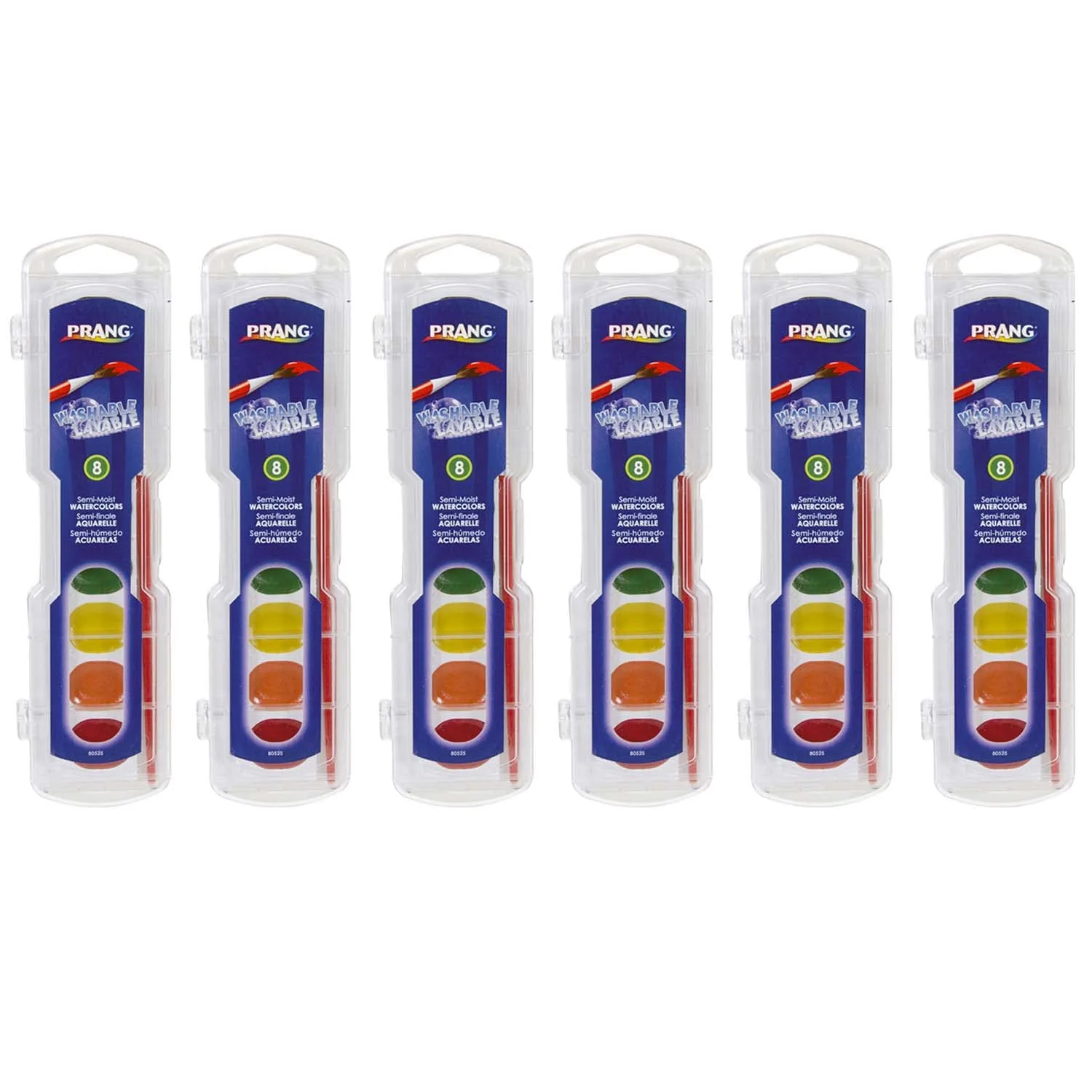 Prang DIX80525-6 Semi-Moist Washable Watercolor Set with Brush, 8 Colors Per Set, 6 Sets
